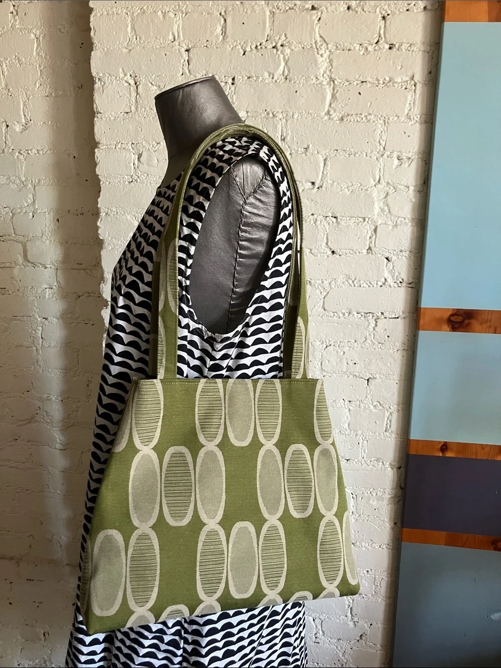 Refinery Green Osmosis Retro Patterned Trapezoid Shoulder Tote Bag Handmade - Picture 4 of 16